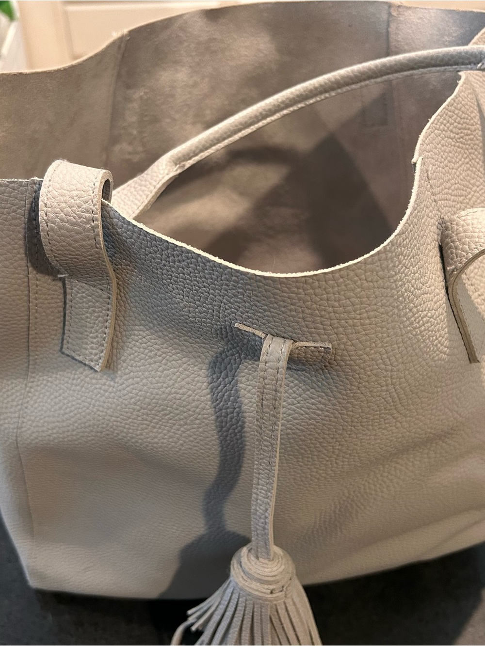 Pebbled Leather Tassel Tote in Light Gray